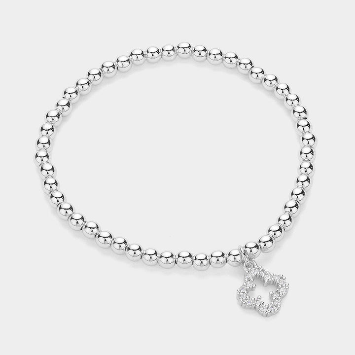 Silver Stainless Steel Stone Paved Open Quatrefoil Charm Stretch Ball Bracelet