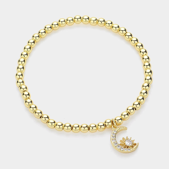 Gold Stainless Steel Stone Paved Crescent Star Charm Stretch Ball Bracelet