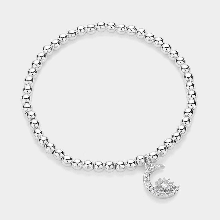 Silver Stainless Steel Stone Paved Crescent Star Charm Stretch Ball Bracelet
