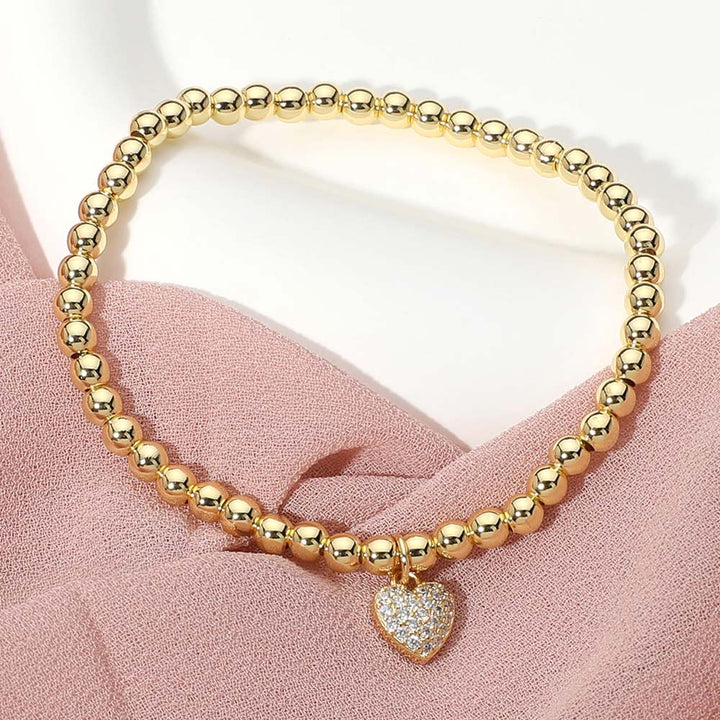Clear, Gold Stainless Steel Stone Paved Heart Charm Beaded Stretch Bracelet