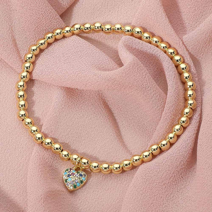 Gold, Multi Stainless Steel Stone Paved Heart Charm Beaded Stretch Bracelet