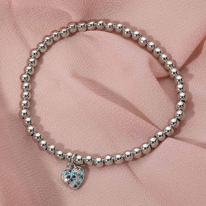 Multi, Silver Stainless Steel Stone Paved Heart Charm Beaded Stretch Bracelet