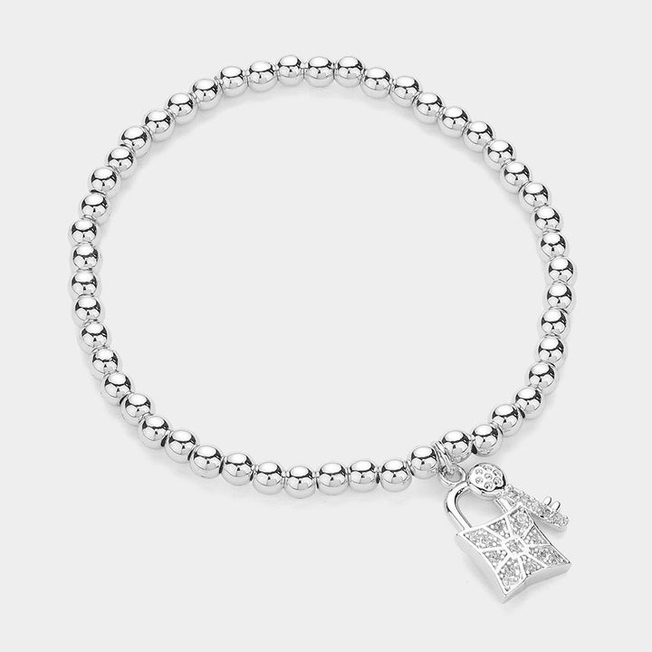 Silver Stainless Steel Stone Paved Key and Lock Charm Stretch Ball Bracelet