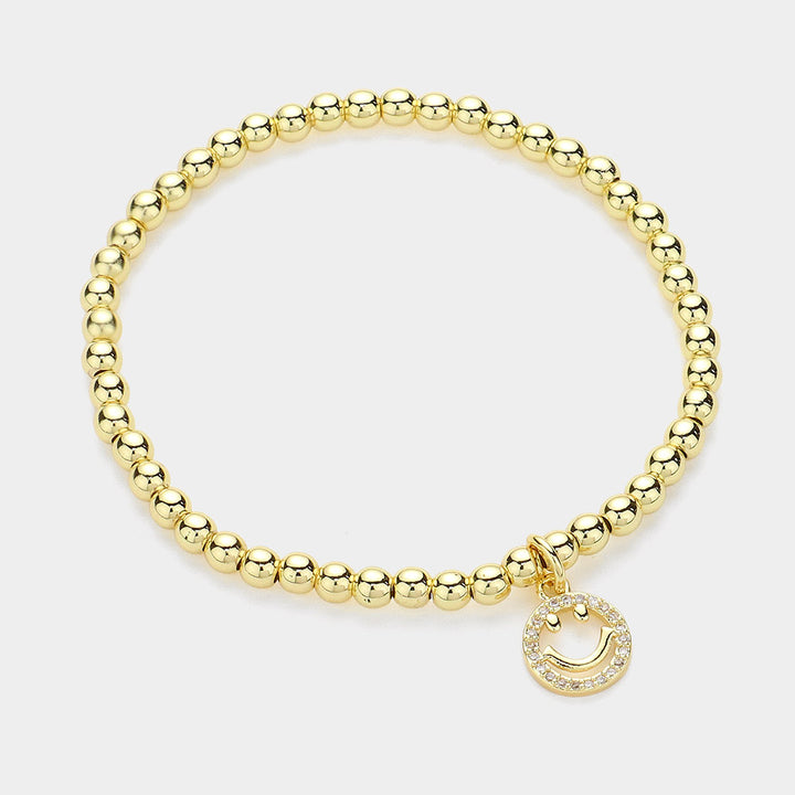 Gold Stainless Steel Stone Paved Smile Emoji Charm Stretch Ball Bracelet