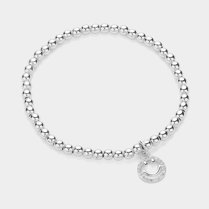 Silver Stainless Steel Stone Paved Smile Emoji Charm Stretch Ball Bracelet