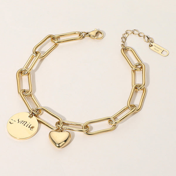 Gold SECRET BOX_Stainless Steel Smile Engraved Disc Heart Charm Paperclip Chain Bracelet