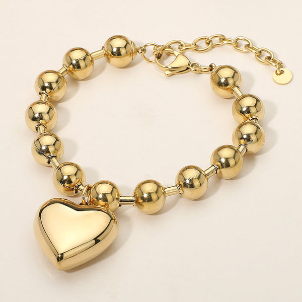 Gold SECRET BOX_Stainless Steel Puffy Heart Charm Beaded Chain Bracelet