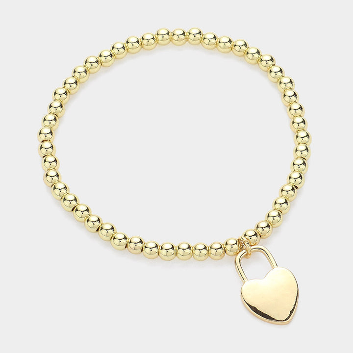 Gold Stainless Steel Heart Lock Charm Stretch Ball Bracelet