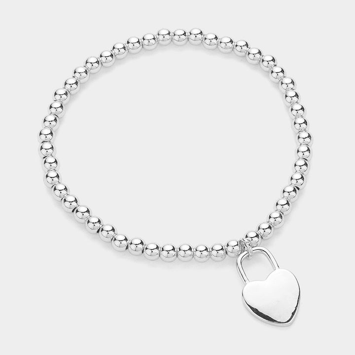 Silver Stainless Steel Heart Lock Charm Stretch Ball Bracelet