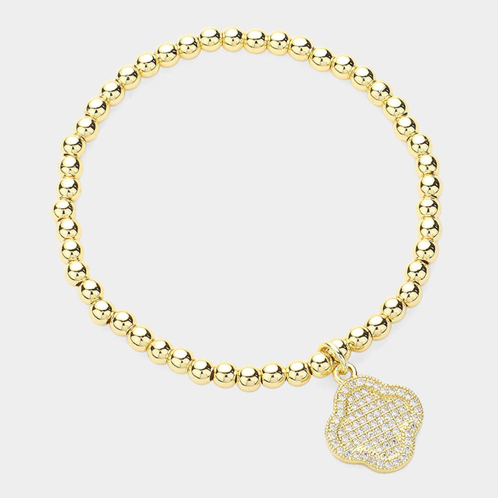 Clear, Gold CZ Stone Paved Quatrefoil Charm Pointed Stainless Steel Ball Beaded Stretch Bracelet