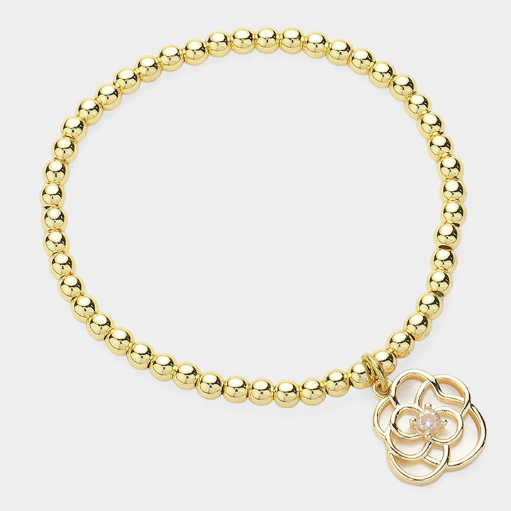 Gold Stone Pointed Rose Charm Stainless Steel Ball Beaded Stretch Bracelet