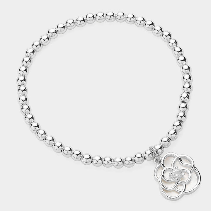 Silver Stone Pointed Rose Charm Stainless Steel Ball Beaded Stretch Bracelet