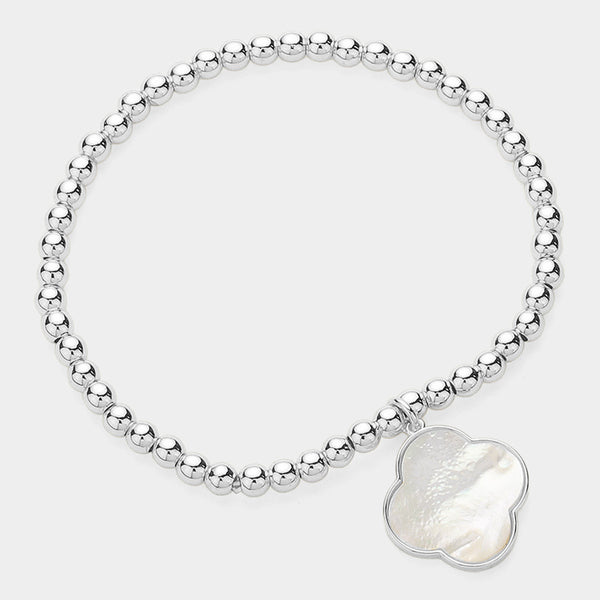 Mother of Pearl, Silver Mother Of Pearl Quatrefoil Charm Pointed Stainless Steel Ball Beaded Stretch Bracelet