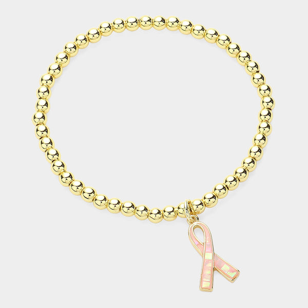 Gold, Pink Pink Ribbon Charm Pointed Stainless Steel Ball Beaded Stretch Bracelet
