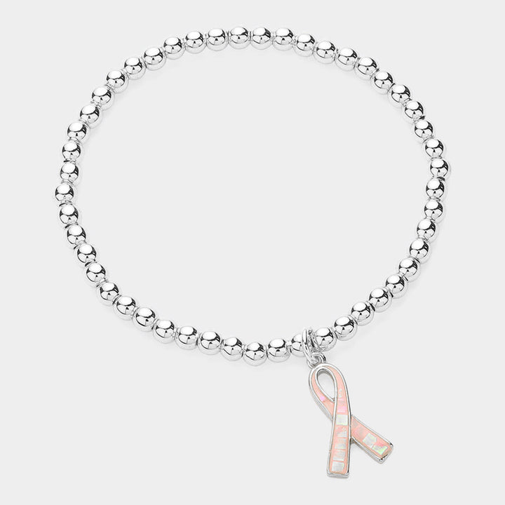 Pink, Silver Pink Ribbon Charm Pointed Stainless Steel Ball Beaded Stretch Bracelet