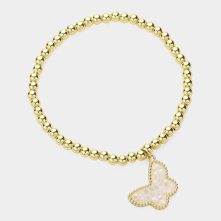 Gold, White Butterfly Charm Pointed Stainless Steel Ball Beaded Bracelet