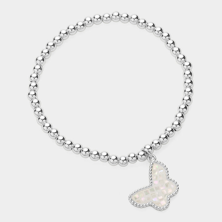 Silver, White Butterfly Charm Pointed Stainless Steel Ball Beaded Bracelet