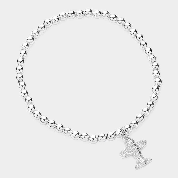 Silver CZ Stone Paved Airplane Charm Stainless Steel Ball Beaded Stretch Bracelet