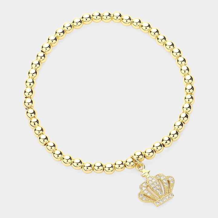 Gold CZ Stone Paved Crown Charm Stainless Steel Ball Beaded Stretch Bracelet