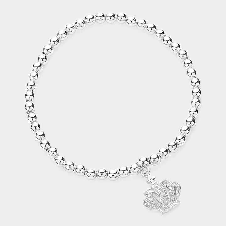 Silver CZ Stone Paved Crown Charm Stainless Steel Ball Beaded Stretch Bracelet