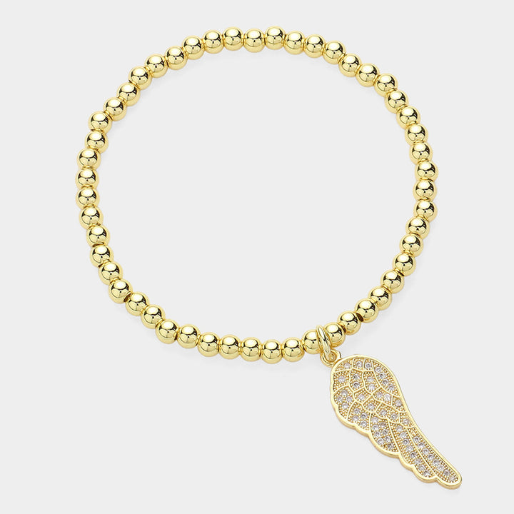 Gold Stone Paved Wing Charm Pointed Stainless Steel Ball Beaded Stretch Bracelet