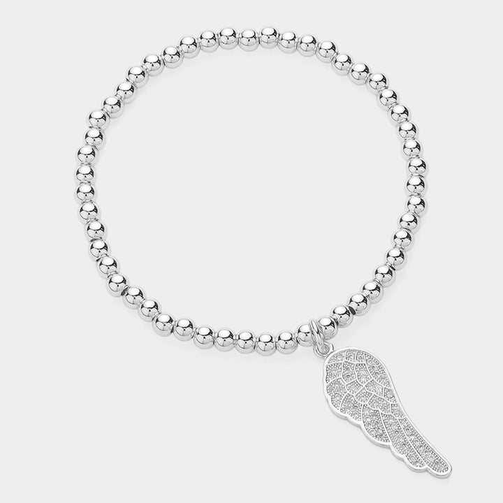 Silver Stone Paved Wing Charm Pointed Stainless Steel Ball Beaded Stretch Bracelet