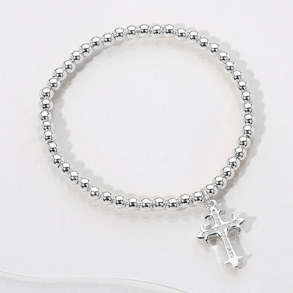 Silver Stainless Steel Cross Charm Beaded Stretch Bracelet