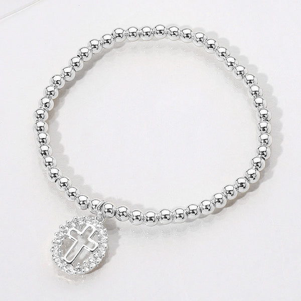 Silver Stainless Steel Oval Cross Charm Beaded Stretch Bracelet
