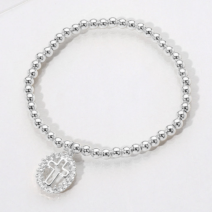 Silver Stainless Steel Oval Cross Charm Beaded Stretch Bracelet