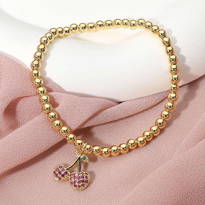 Gold Stainless Steel Stone Paved Cherry Charm Beaded Stretch Bracelet