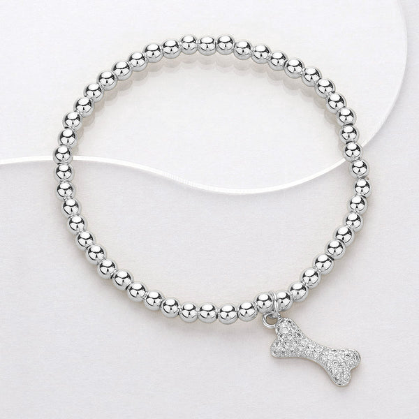 Clear, Silver Stainless Steel CZ Stone Paved Dog Bone Charm Pointed Stretch Bracelet