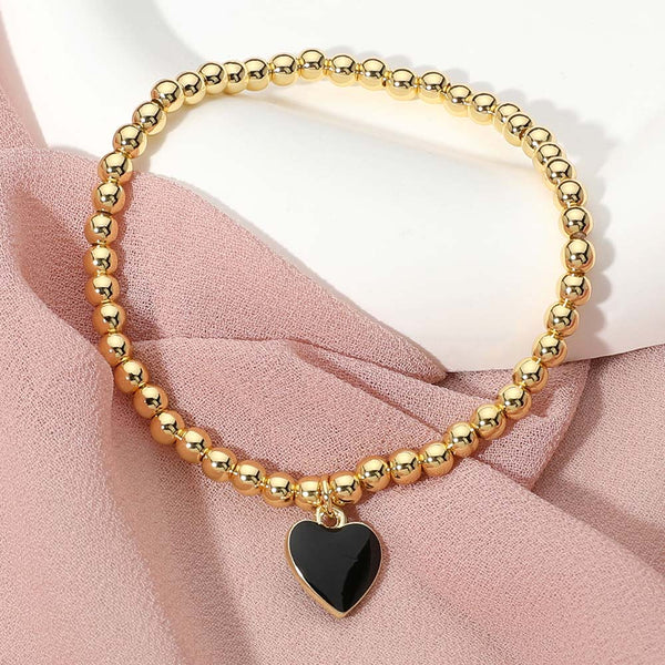 Black, Gold Stainless Steel Enamel Heart Charm Beaded Stretch Bracelet
