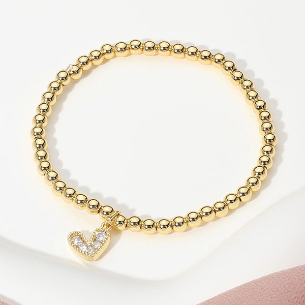 Clear, Gold Stainless Steel Ball Heart Charm Beaded Stretch Bracelet