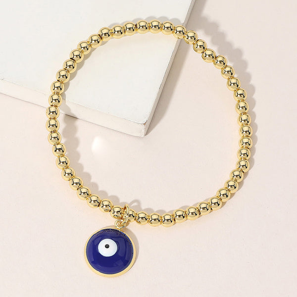 Gold, Navy Stainless Steel Ball Evil Eye Charm Beaded Stretch Bracelet