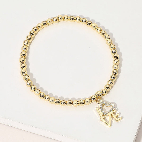 Clear, Gold Stainless Steel Ball Stone Paved Heart LOVE Charm Beaded Stretch Bracelet