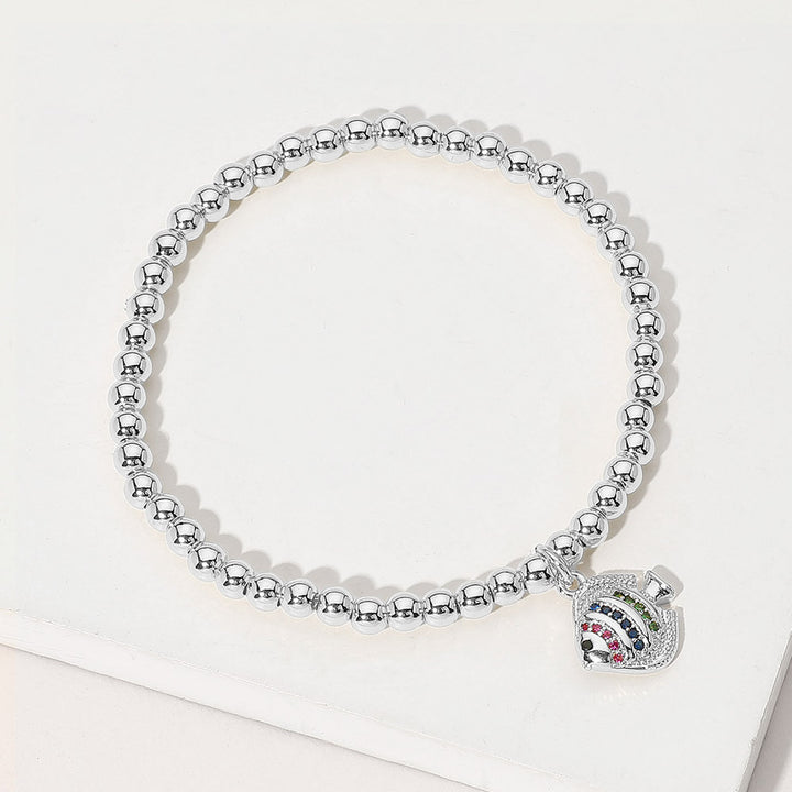 Multi, Silver Stainless Steel Ball Stone Paved Fish Charm Beaded Stretch Bracelet