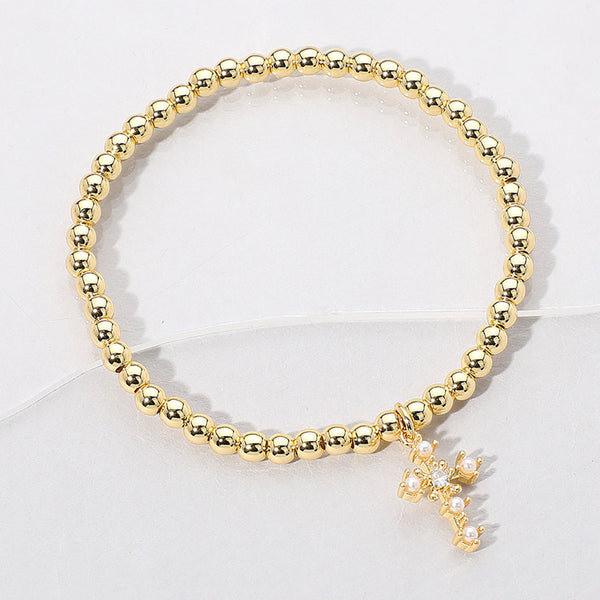 Clear, Gold Stainless Steel Ball Pearl Cross Charm Beaded Stretch Bracelet