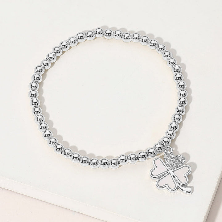 Mother of Pearl, Silver Stainless Steel Ball Stone Paved Mother of Pearl Clover Charm Beaded Stretch Bracelet