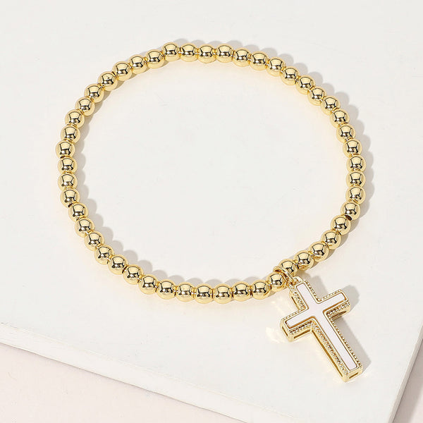 Gold, Mother of Pearl Stainless Steel Ball Mother of Pearl Cross Charm Beaded Stretch Bracelet