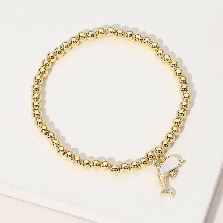 Gold, Mother of Pearl Stainless Steel Ball Mother of Pearl Dolphin Charm Beaded Stretch Bracelet
