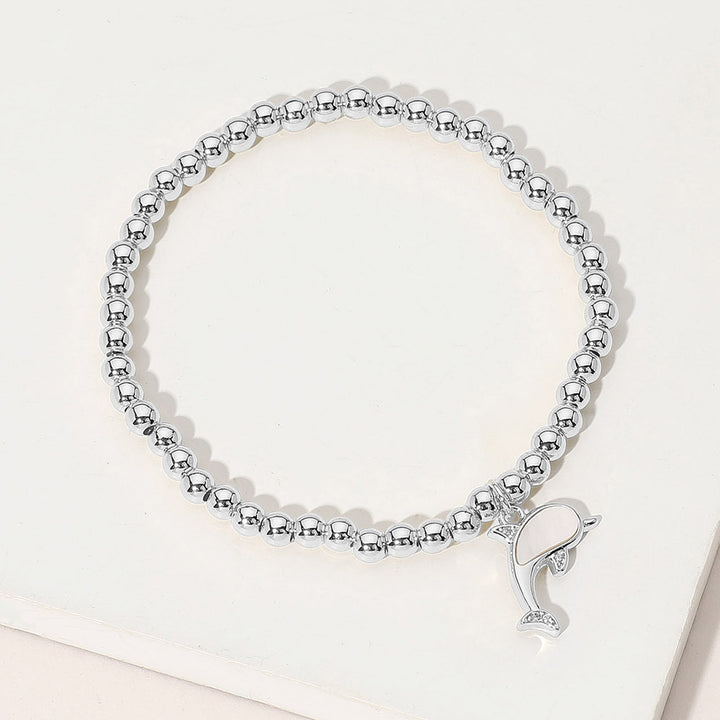Mother of Pearl, Silver Stainless Steel Ball Mother of Pearl Dolphin Charm Beaded Stretch Bracelet