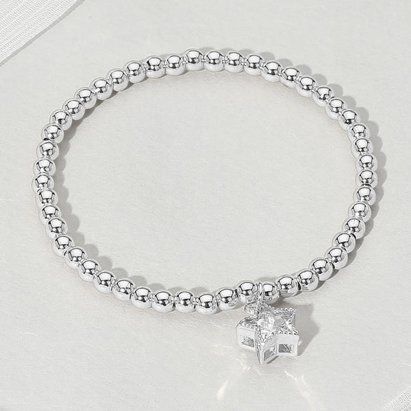 Silver Stainless Steel Crystal Star Charm Beaded Stretch Bracelet