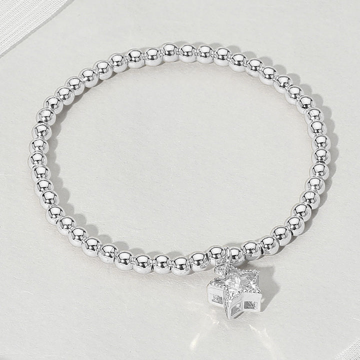 Silver Stainless Steel Crystal Star Charm Beaded Stretch Bracelet
