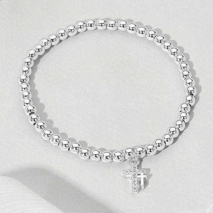 Silver Stainless Steel Rhinestone Paved Double Cross Charm Beaded Stretch Bracelet