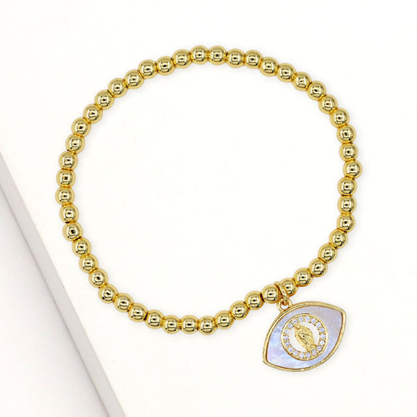 Gold, Mother of Pearl Stainless Steel Mother of Pearl CZ Stone Rim Virgin Mary Accent Evil Eye Charm Stretch Bracelet