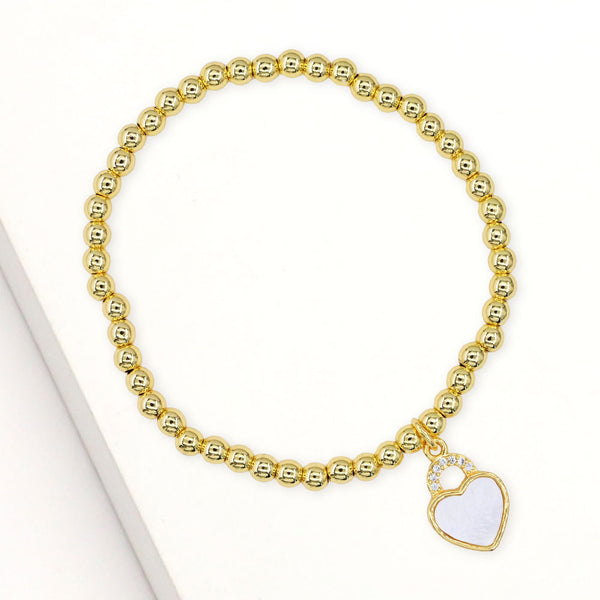 Gold, Mother of Pearl Stainless Steel CZ Stone Accent Mother of Pearl Heart Charm Stretch Bracelet
