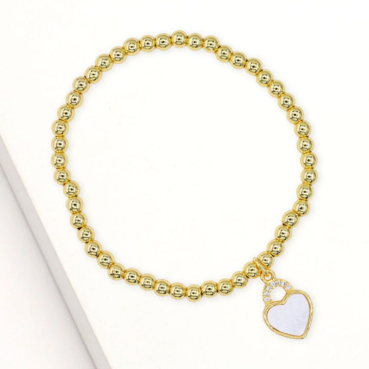 Gold, Mother of Pearl Stainless Steel CZ Stone Accent Mother of Pearl Heart Charm Stretch Bracelet