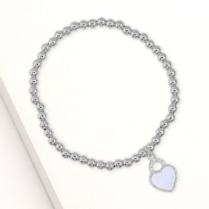 Mother of Pearl, Silver Stainless Steel CZ Stone Accent Mother of Pearl Heart Charm Stretch Bracelet
