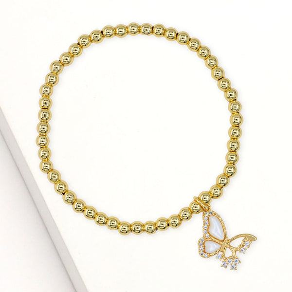 Gold, Mother of Pearl Stainless Steel CZ Stone Accent Mother of Pearl Butterfly Charm Stretch Bracelet