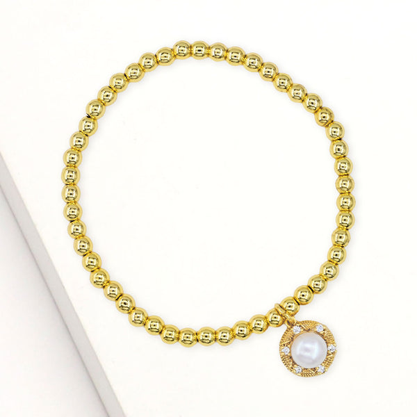 Gold Stainless Steel CZ Stone Rim Pearl Charm Stretch Bracelet